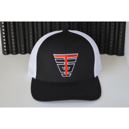 A black and white hat with the letter t on it.