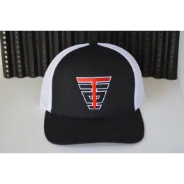 A black and white hat with the letter t on it.