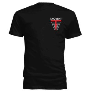 A black t-shirt with the words tacvans on it.